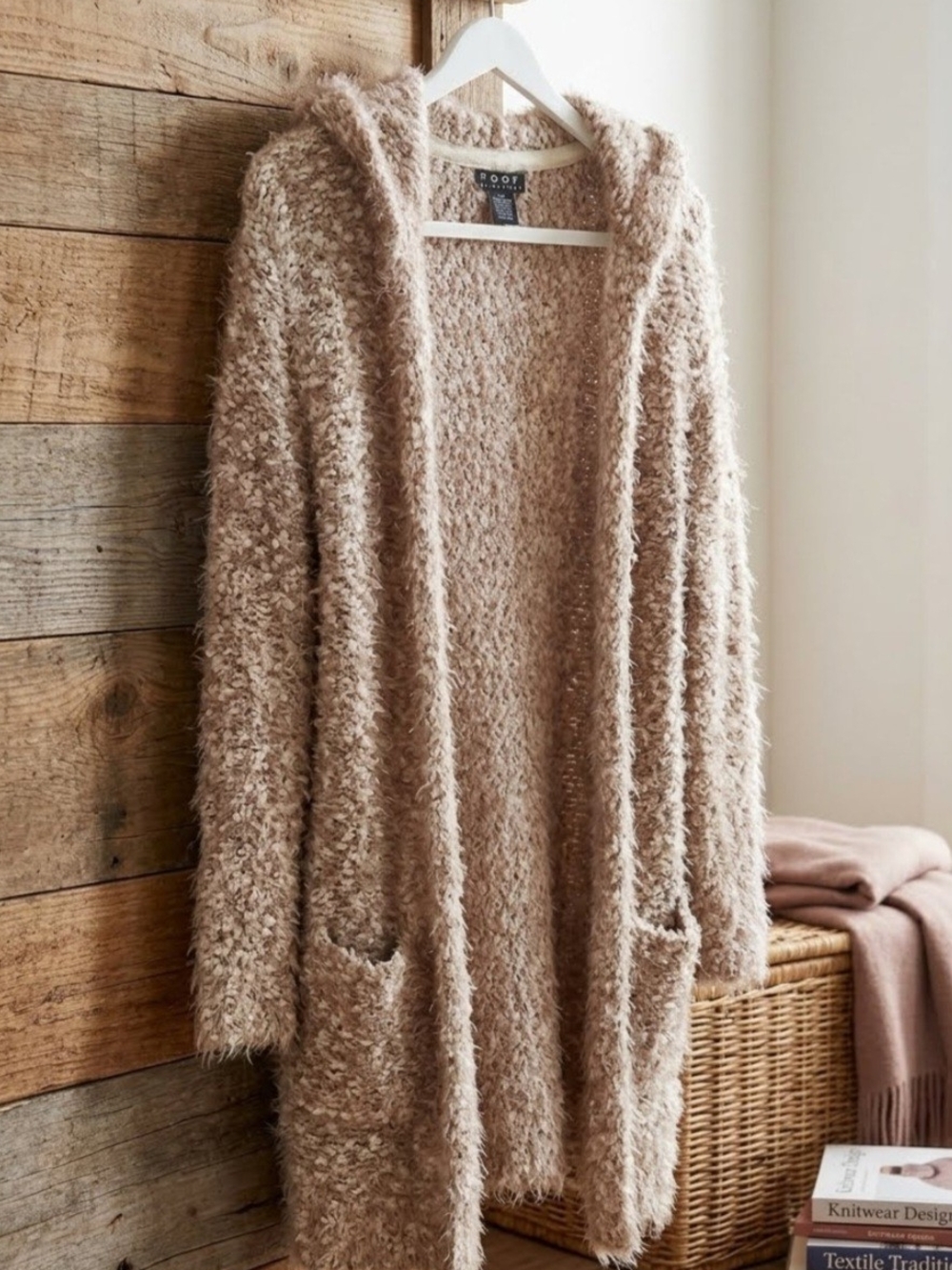 Poof! Plush Hooded Open-Front Cardigan - Taupe